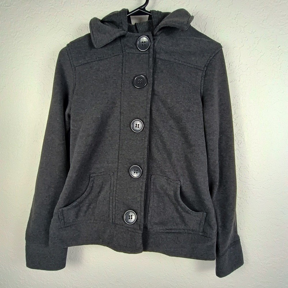 New Look Hoodie‎ Sweater Coat Button Up Pockets Women's Size L Dark Gray